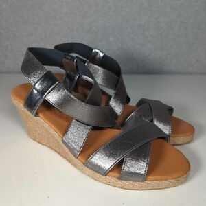 Andre Assous Leather Dalmira Espadrille Wedge Sandal Slingback Womens 9M Pewter